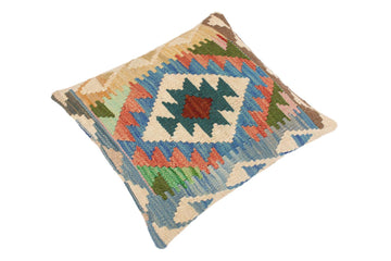 handmade Traditional Pillow Blue Beige Hand-Woven SQUARE 100% WOOL kilim throw pillow